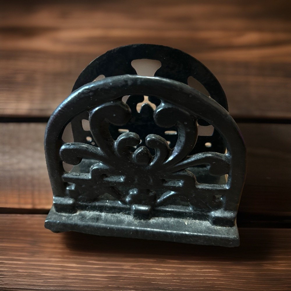 Heavy Black-Coated Cast Iron Napkin Holder Letter Holder‎ Ornate Vintage Decor